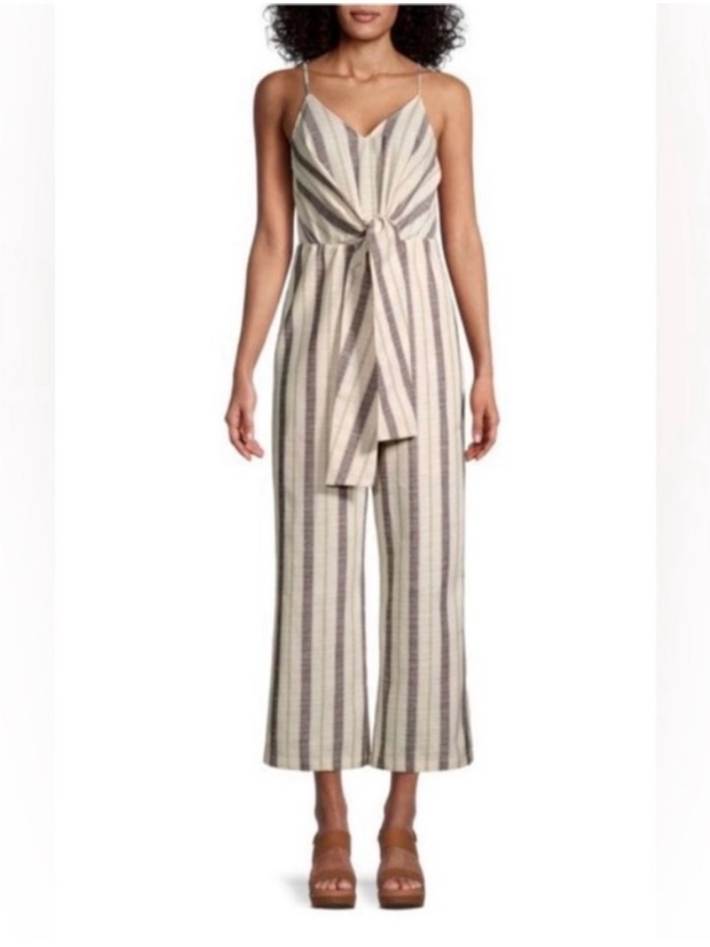 Striped Tie-Front Wide-Leg Jumpsuit in Beige and Gray